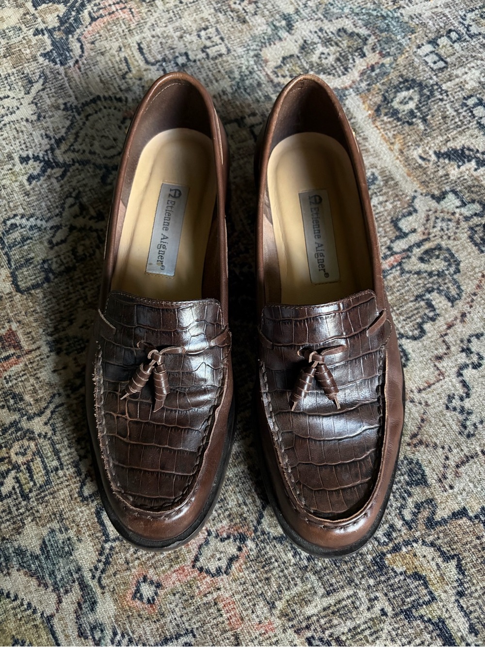 Etienne Aigner Dark Brown Croc-Embossed Tassel Loafers